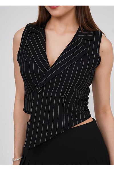 Stil Sepeti Women's Black Striped Lined Asymmetrical Cut Vest Tl- 100060346