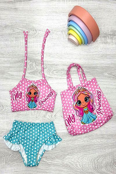 DeKuBaby Σετ μπικίνι για κορίτσια με μοτίβο χαρακτήρα New Season Stripe με αξεσουάρ τσάντας βολάν (3 τεμάχια)