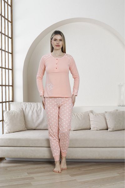 BEYAZTOPTAN Women's Long Sleeve Shoulder Polka Dot Powder Pajama Set