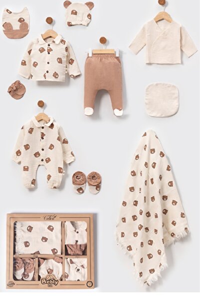 BEBLY Organik Pamuklu Müslin Kumaş Ayıcıklı 10'lu Takım Hastane Çıkış Takımı ...