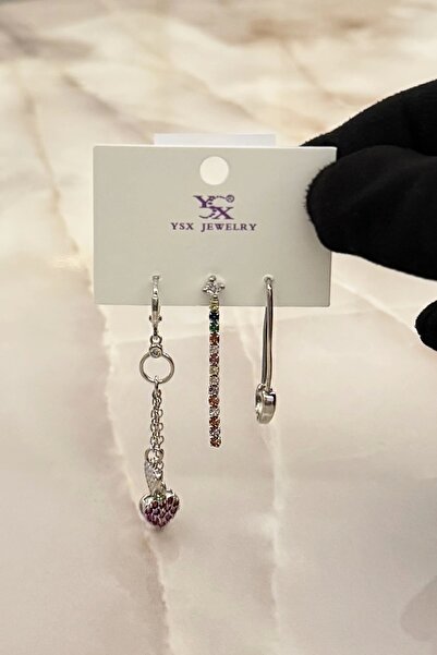 PRVT 18K Altın Kaplama Kalp Figürlü VIP Üçlü YSX Küpe Set