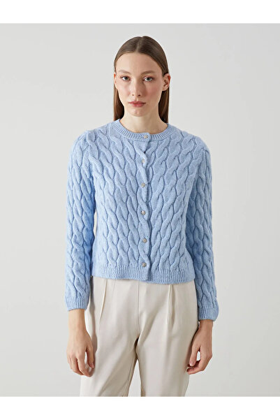 LC Waikiki Cardigan de tricotaj pentru femei LCW Vision Blue Crew Gât cu model propriu