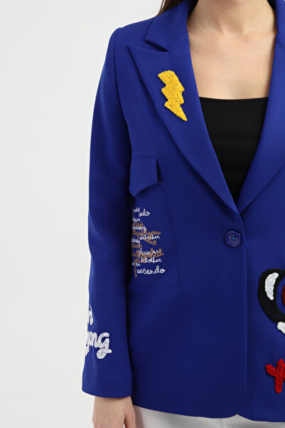 Milamia Nakışlı Saks Blazer Ceket