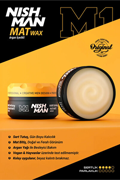 NISHMAN Saç Şekillendirici Ultra Sert Mat Wax Argan Içerikli M1 Sert Ve Sık Saçlara Yönelik 100 ml