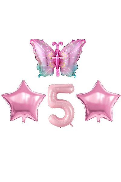 parti sürprizi Pink Butterfly 5 Year Old Foil Balloon Set
