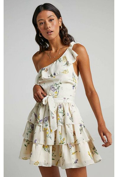 popibutik Women's Floor Skirt One Shoulder Tie Crepe Fabric White Mini Dress
