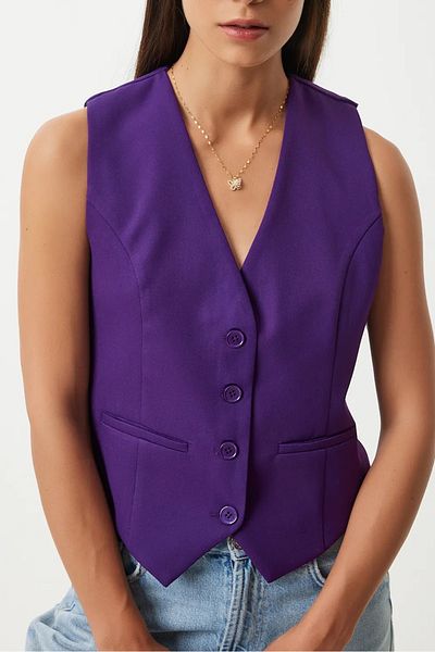 stilsepeti Women's Purple V-Neck Lined Body Fitted Vest Tl- 100060064