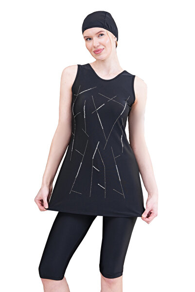 REMSA Бански с нулеви ръкави и полупокрит хиджаб с камъни и детайли Arzu 2519 Черен