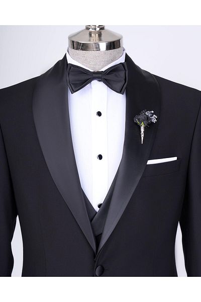TerziAdemAltun Black Slim Fit Shawl Collar Jacket and Vest Pants Set - T12585