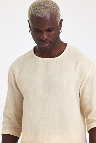 İLKCET MODA Ανδρικό μπλουζάκι με μισό μανίκι κανονικό λινό