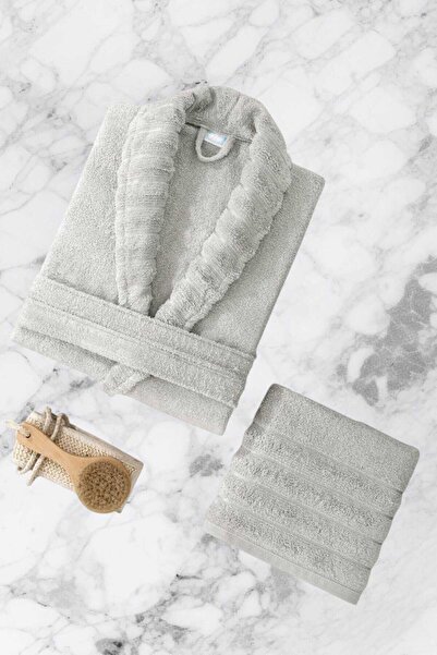 ALPACO طقم روب حمام ومنشفة AquaLoom Lux مصنوع من القطن بنسبة 100% باللون الرمادي الفاتح