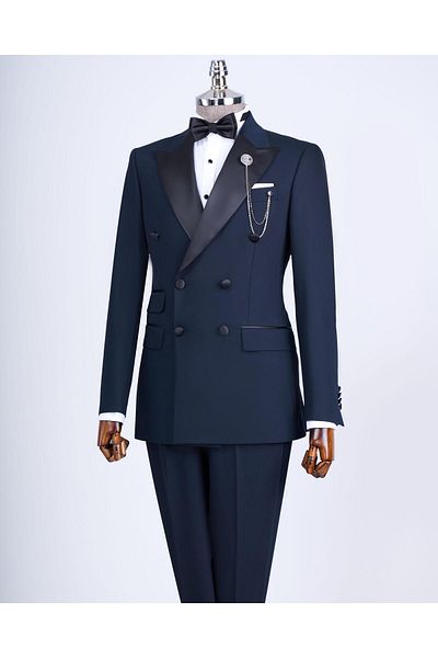 TerziAdemAltun Italian Cut Slim Fit Double Breasted Jacket Trousers Groom Suit Set Navy Blue T9215
