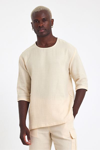 İLKCET MODA Ανδρικό μπλουζάκι με μισό μανίκι κανονικό λινό