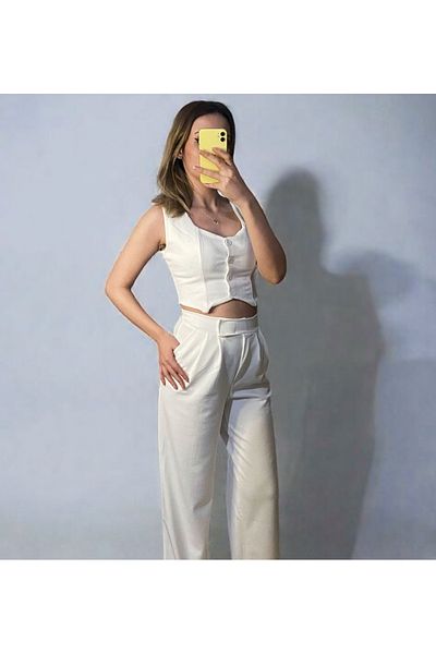 MODAYA Women's White Modern V Neck Vest Palazzo Pants Suit