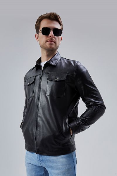 KENT Ken2412 Zippered Genuine Leather Black Men's Leather Jacket