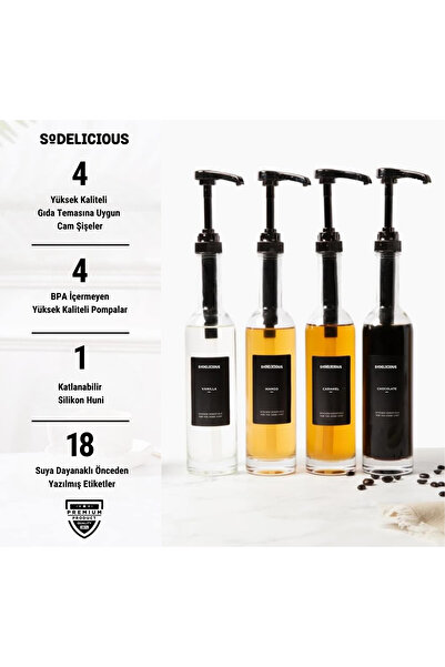 SODELICIOUS COFFEE TEA 4'lü Set | 250ml Pompalı Cam Şurup Şişesi- Kahve , 18 Çeşit Siyah Etiket + Silikon Huni