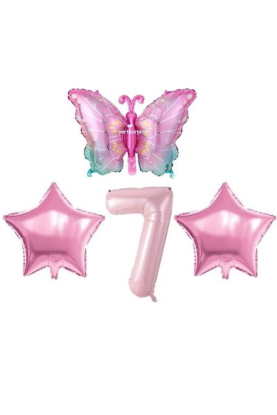 parti sürprizi Pink Butterfly 7 Year Old Foil Balloon Set