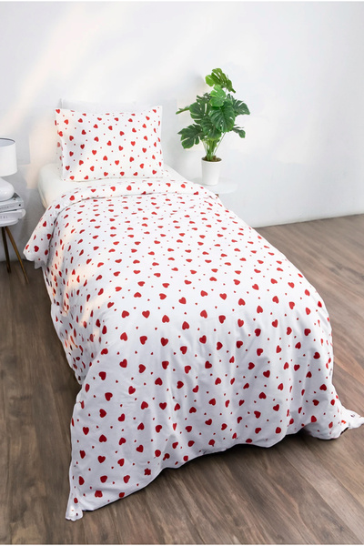 ÇIQRIK HOME Single Ranforce Duvet Cover Set with Elastic Sheets Crispy Heart Pattern