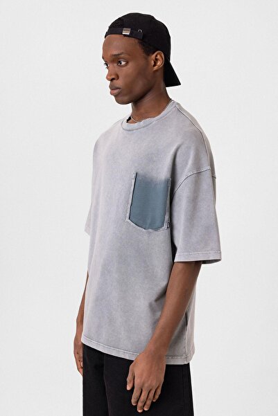 Vamos Washed Oversize T-Shirt with Pocket Detail Gray