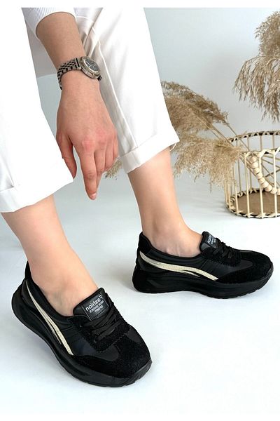 Erbilden Zitta Black Skin Gold Detailed Sports Shoes