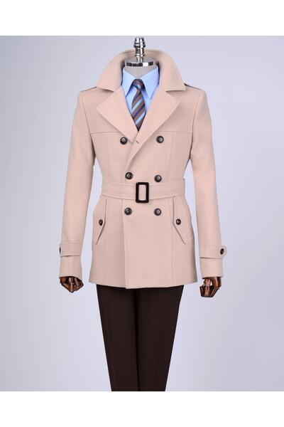 TerziAdemAltun Men's Italian Style Beige Short Stamp Trench Coat Coat - T13324