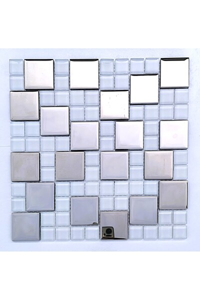 MozaiKristaL Mutfak tezgah arası 23x23-48x48mm Beyaz-Gümüş Krom, 30x30 Fileli...