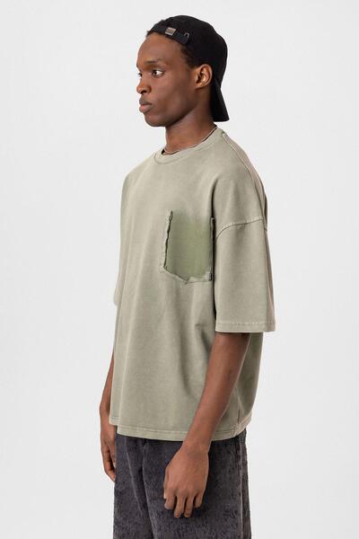 Vamos Oversize T-Shirt - Χακί με λεπτομέρεια πλυμένη με τσέπη