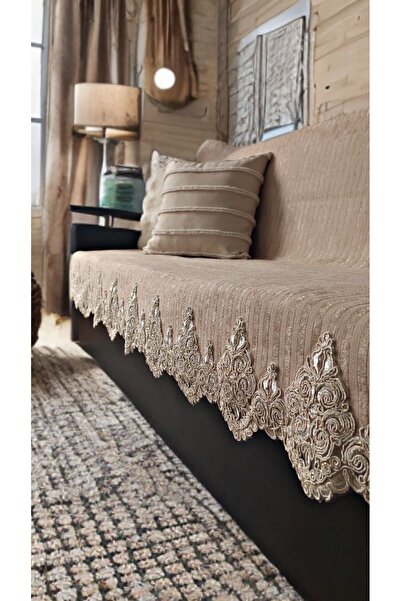 baladı home ev tekstil home collection Dantelli Çekyat Koltuk Örtüsü Mode Süngerli Kaymaz Taban Kadife Çizgili Kapıcino