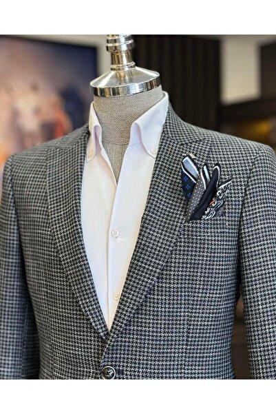 TerziAdemAltun Italian Style Slim Fit Houndstooth Pattern Men Jacket Black T12540