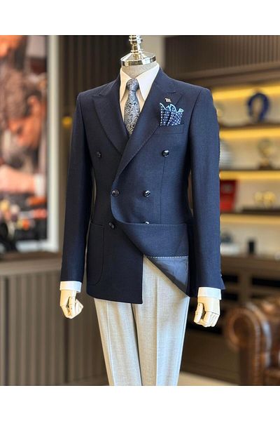 TerziAdemAltun Jachetă pentru bărbați în stil italian slim fit dublu piept bleumarin T10974