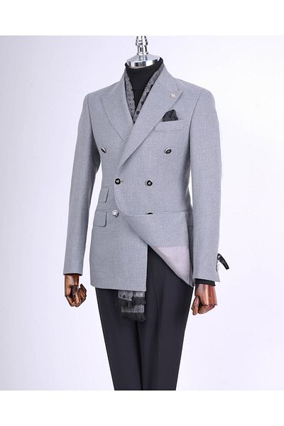TerziAdemAltun Italian Style Slim Fit Double Breasted Peaked Collar Men's Jacket Gray T13296