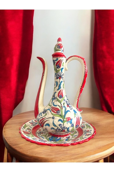 STORESZA El Yapımı Kütahya Çini İbrik Vazo ve Tabak Seti