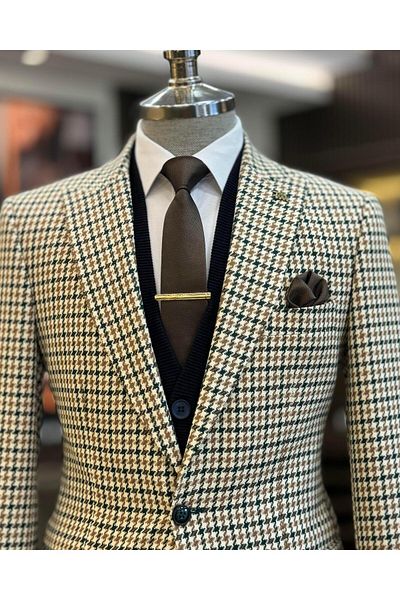 TerziAdemAltun Jachetă pentru bărbați în stil italian slim fit cu model picioare de găin verde T13043