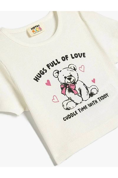Koton Teddy Bear με στάμπα Crew λαιμόκοψη κοντομάνικο εκρού για κορίτσια 5skg10242ak