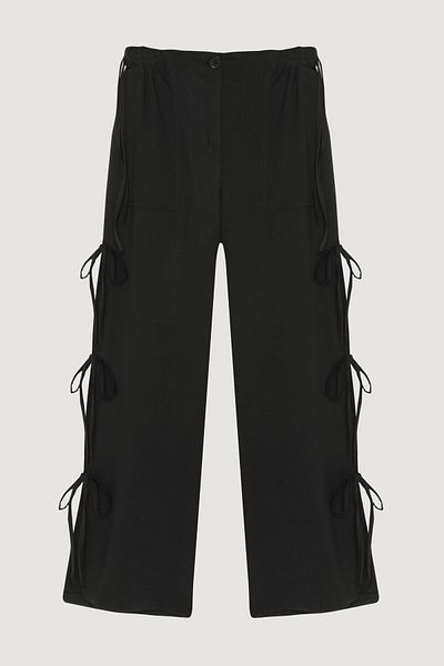 Quzu Elastic Waist Trousers with Tie Detail on the Sides Black