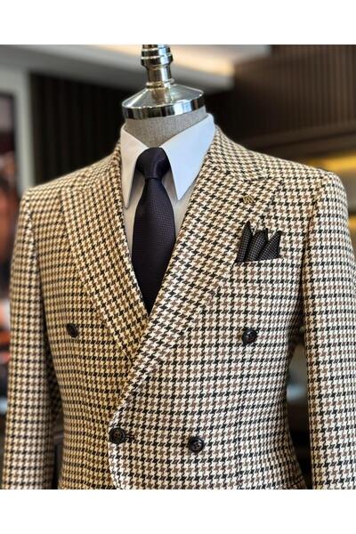 TerziAdemAltun Italian Style Slim Fit Houndstooth Pattern Double Breasted Men's Coat Brown T13050