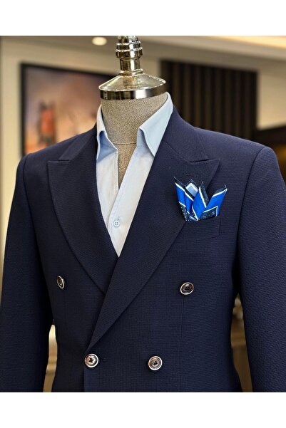 TerziAdemAltun Italian Style Slim Fit Double Breasted Men's Jacket Navy Blue T12225