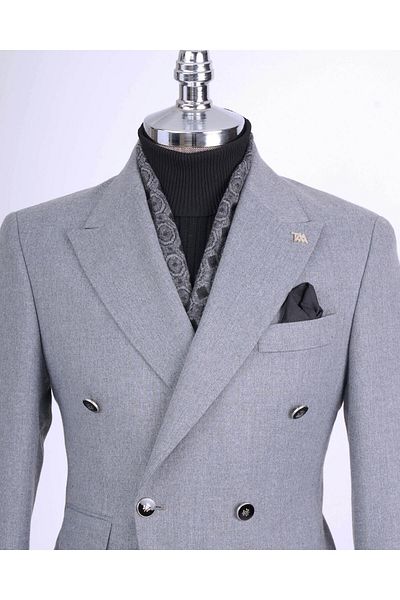 TerziAdemAltun Italian Style Slim Fit Double Breasted Peaked Collar Men's Jacket Gray T13296