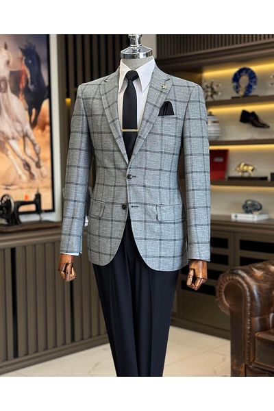 TerziAdemAltun Classic Cut Regular Fit Mono Collar Plaid Men's Jacket Anthracite T12502