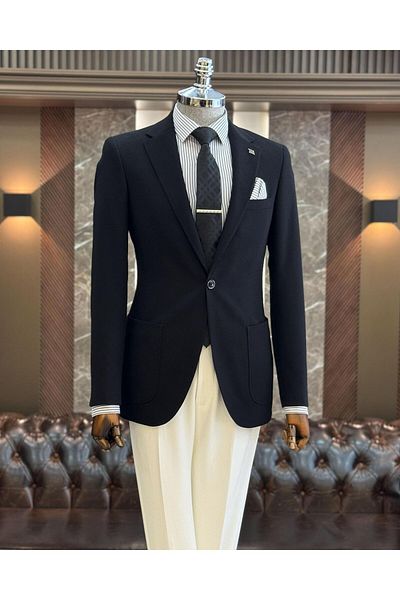 TerziAdemAltun Jachetă pentru bărbați în stil italian slim fit mono guler cu buzunar negru T10343