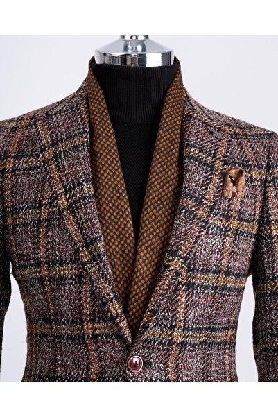 TerziAdemAltun Jachetă unică pentru bărbați în carouri slim fit în stil italian, neagră T13350