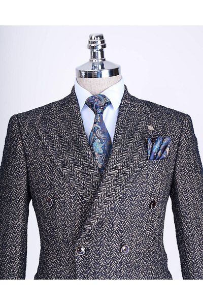 TerziAdemAltun Italian Style Slim Fit Houndstooth Double Breasted Single Jacket Men's Navy Blue T13482