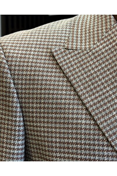 TerziAdemAltun Ανδρικό σακάκι με διπλό στήθος σε ιταλικό στυλ slim fit με σχέδιο houndstooth καφέ T12558
