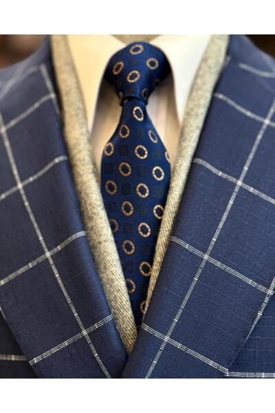 TerziAdemAltun Italian Style Slim Fit Plaid Double Breasted Men's Single Jacket Navy Blue T12892