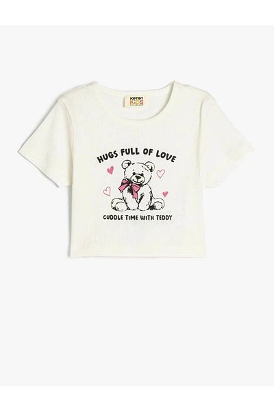 Koton Teddy Bear με στάμπα Crew λαιμόκοψη κοντομάνικο εκρού για κορίτσια 5skg10242ak