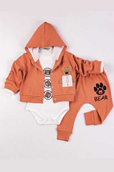 Eng Bear Embroidered Hooded Baby Boy Set