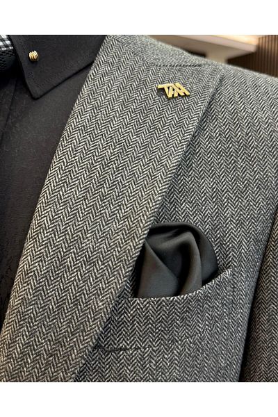 TerziAdemAltun Ανδρικό μπουφάν με μοτίβο ψαροκόκαλο ιταλικού στυλ slim fit ανθρακί T13052