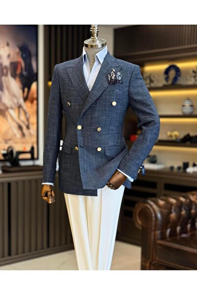 TerziAdemAltun Italian style slim fit houndstooth double-breasted men's jacket navy blue T12554