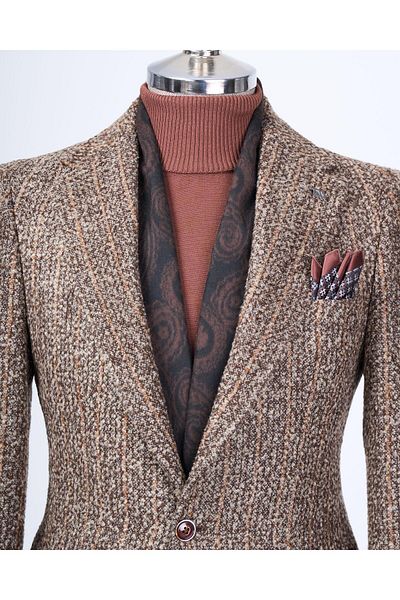 TerziAdemAltun Jachetă unică pentru bărbați, slim fit, mono guler, în stil italian, maro T13594