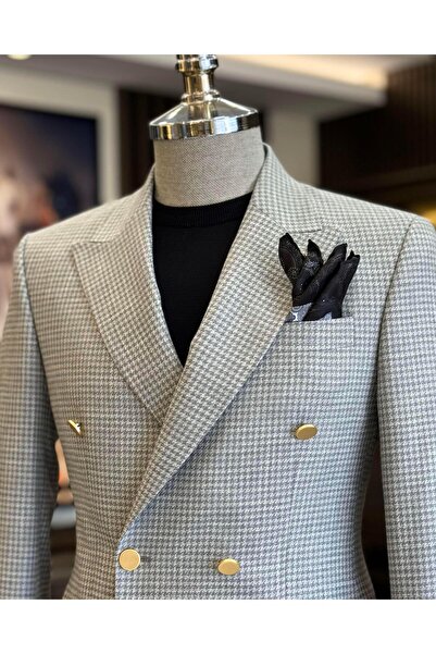 TerziAdemAltun Italian Style Slim Fit Houndstooth Pattern Double Breasted Men's Coat Gray T12556